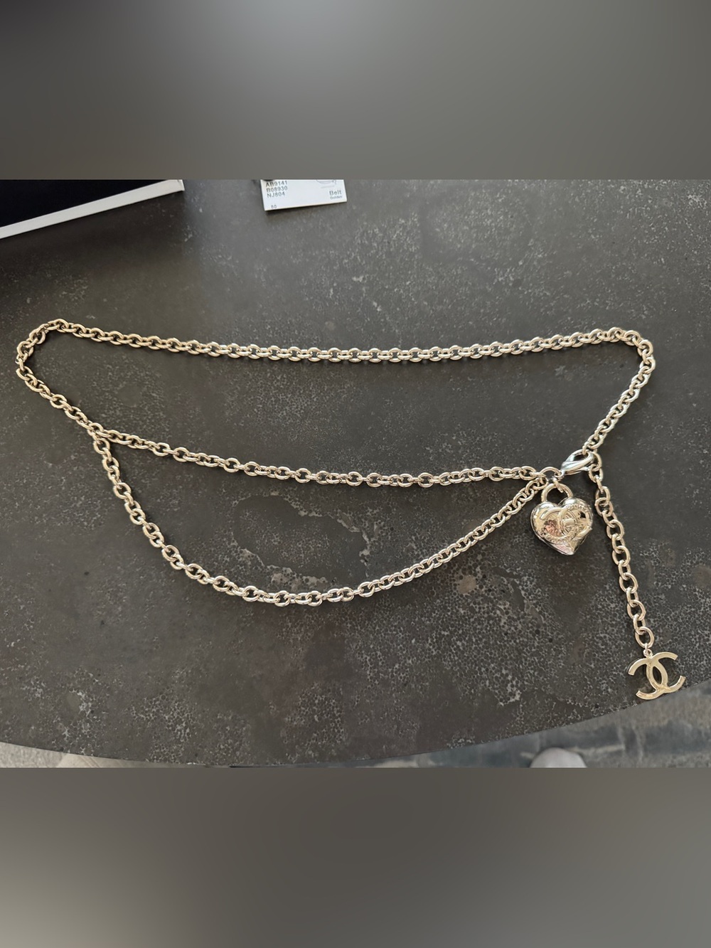 Chanel Light Gold Chain Belt or Necklace with Heart Locket Charm & CC Logo
